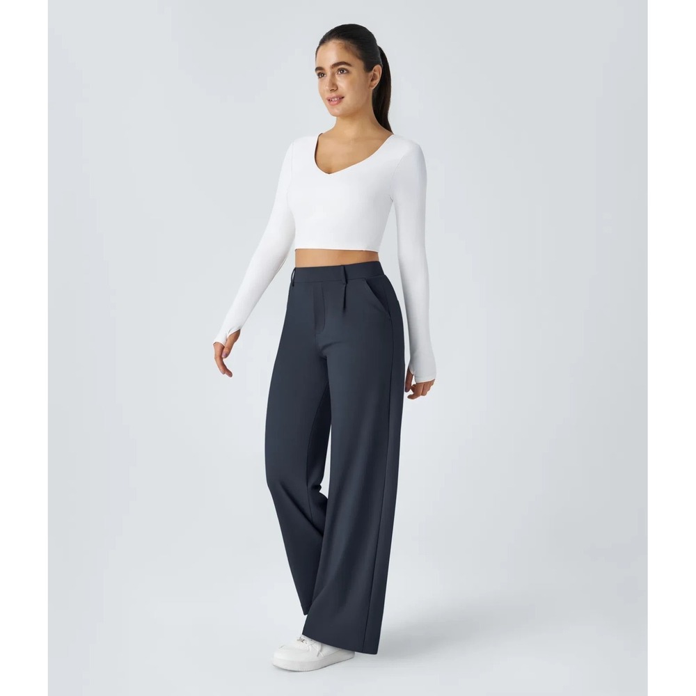 NWT Halara High Waisted Side Pocket Straight Leg‎ Work Pants Navy Size L Petite